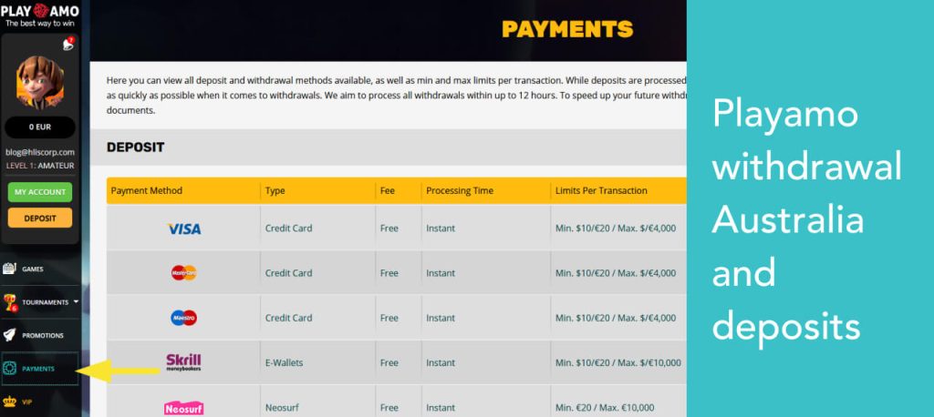 Playamo withdrawal australia and deposits 